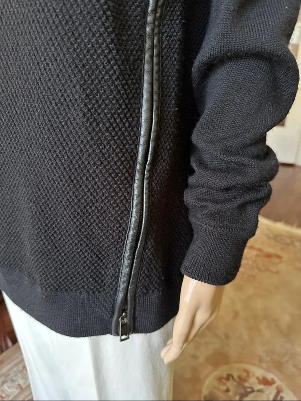Vince Black Wool Asymmetrical Leather Trim Zip Sweater Size M